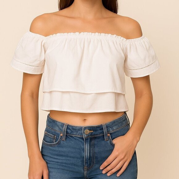 Shinestar Tops - Shinestar White Off Shoulder Crop Top Tiered Short Sleeve Size Medium